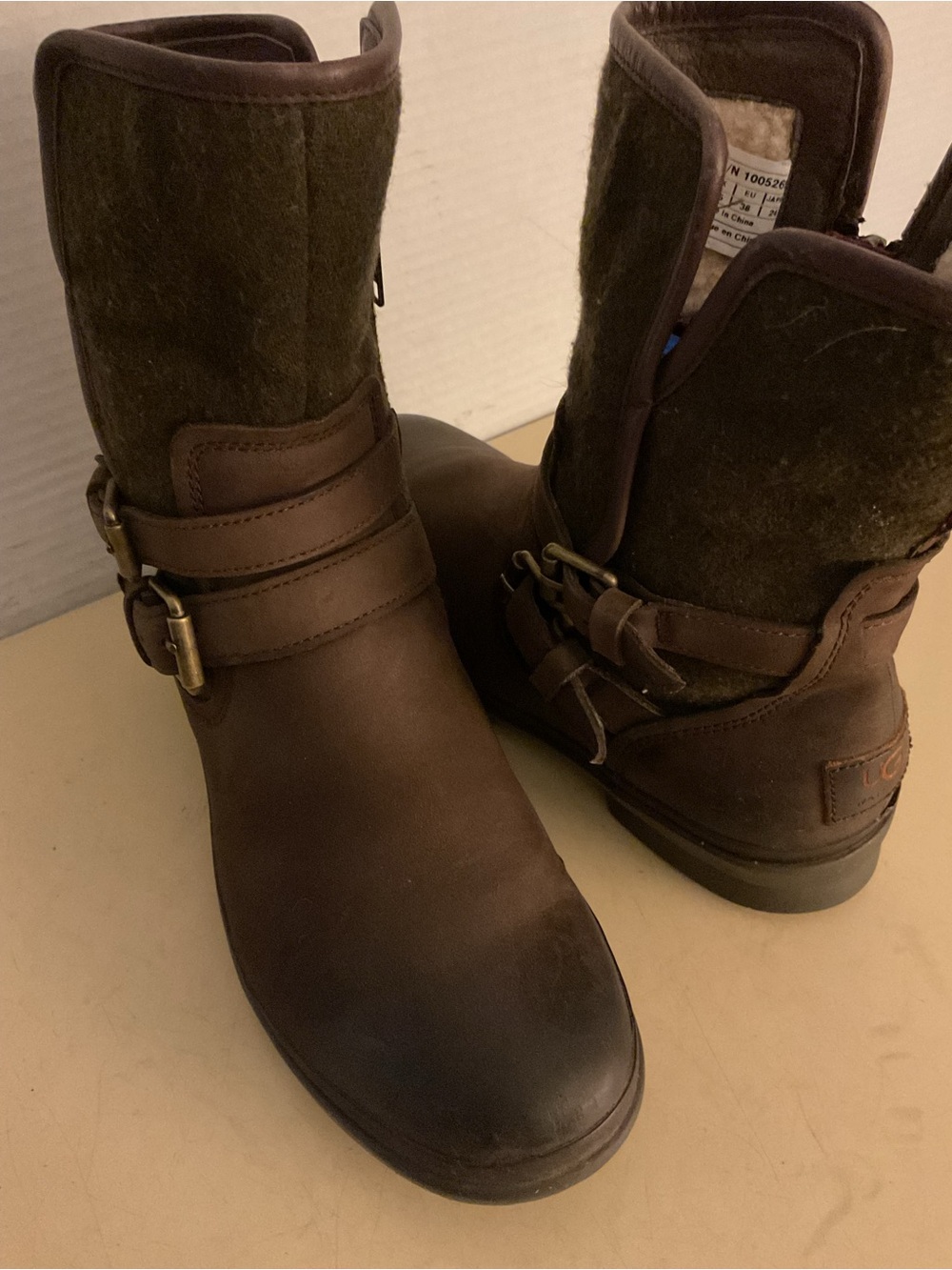 UGG Women's Brown Leather & Fabric biker waterproof boots US 7